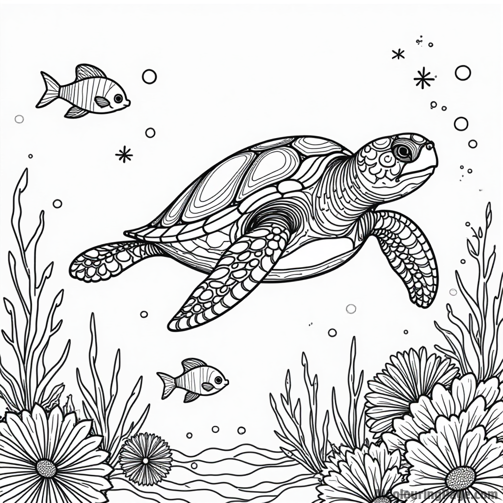 A mystical sea turtle swimming gracefully through the ocean, surrounded by colorful coral and playful fish.