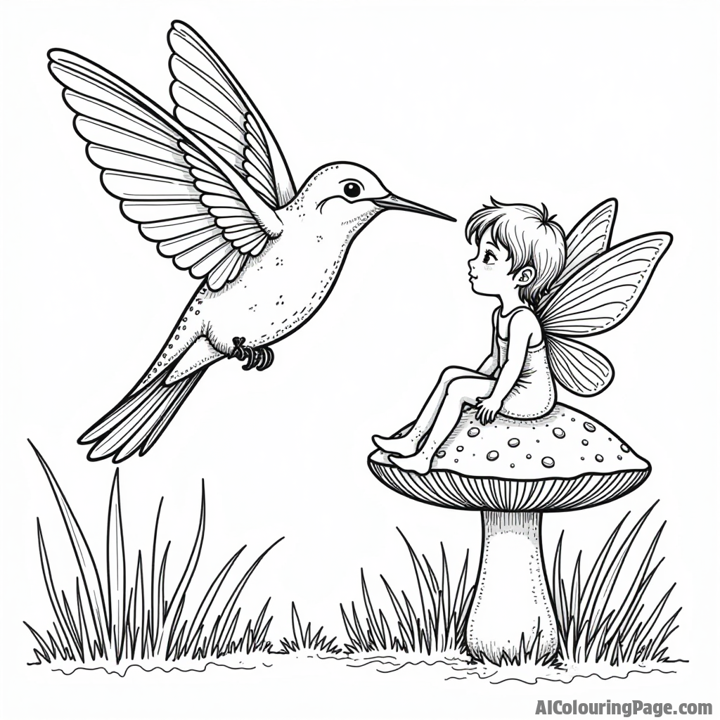 A hummingbird in a whimsical scene with a fairy sitting on a toadstool, both enjoying nature.