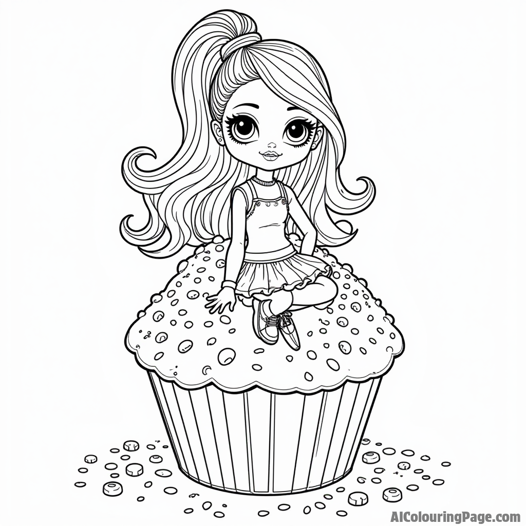 A fashionable doll wearing a trendy outfit, sitting on a giant cupcake surrounded by sprinkles and frosting decorations.