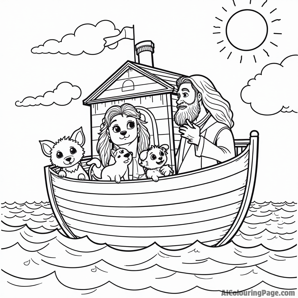 Noah's ark in a stormy sea, with Noah reassuring the animals, including a scared kitten and a brave puppy.