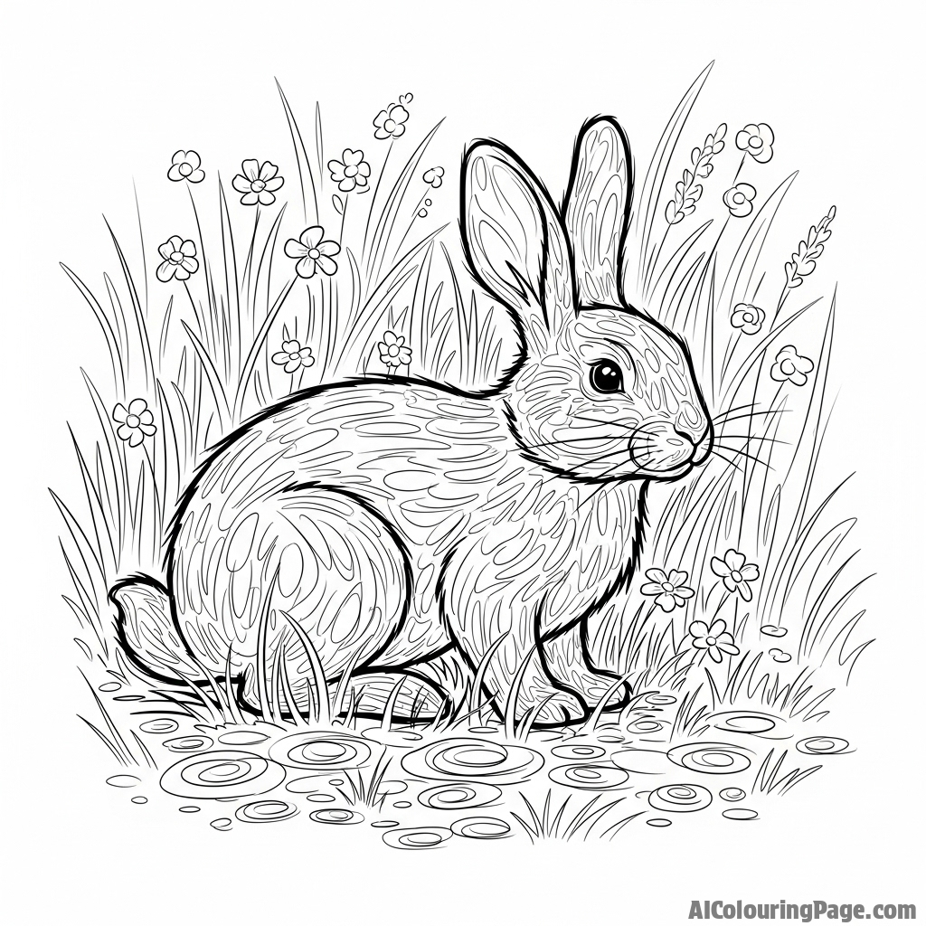 An impressionistic oil painting of a rabbit in a sun-dappled meadow.