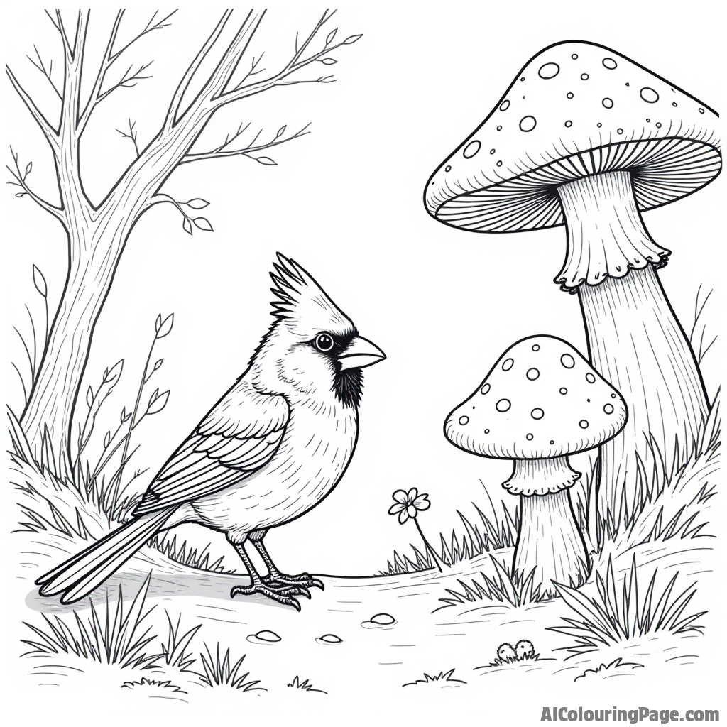 A cardinal exploring a whimsical mushroom forest, with oversized mushrooms and curious critters for a magical coloring adventure.