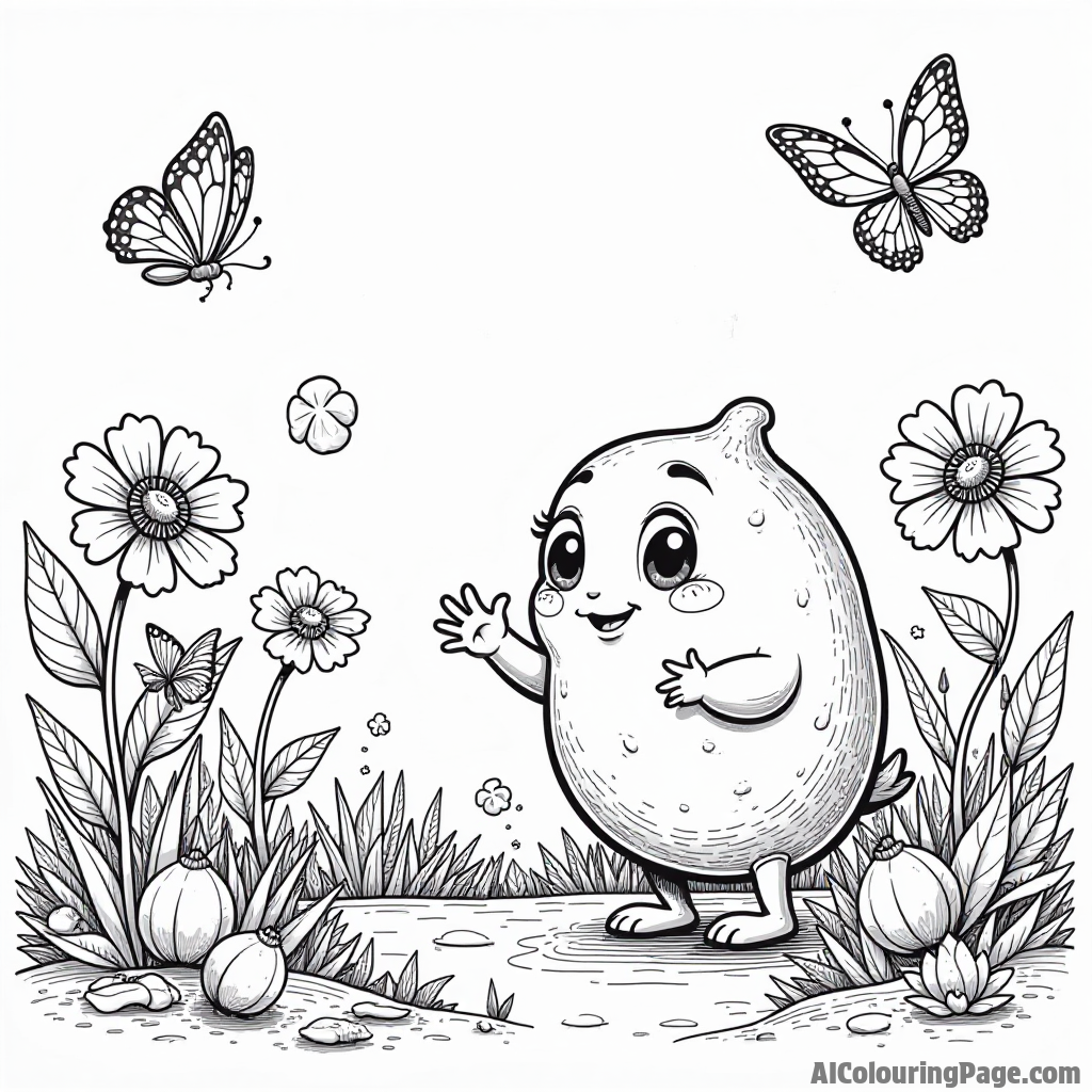 A curious lemon exploring a garden, with butterflies and flowers blooming all around in a bright, sunny day.