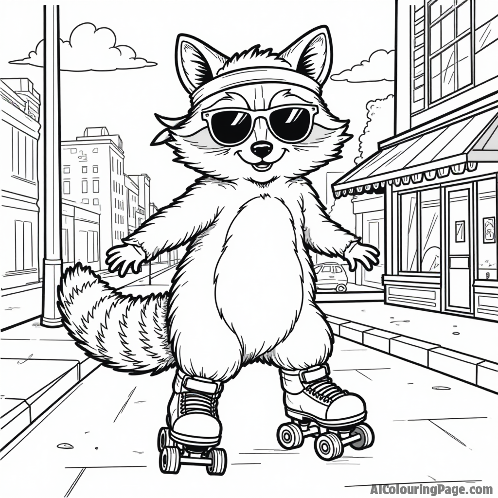 A roller-skating raccoon wearing a headband and sunglasses, gliding on a city sidewalk, with a roller-skate shop in the background, adding a whimsical touch to the sports coloring page.