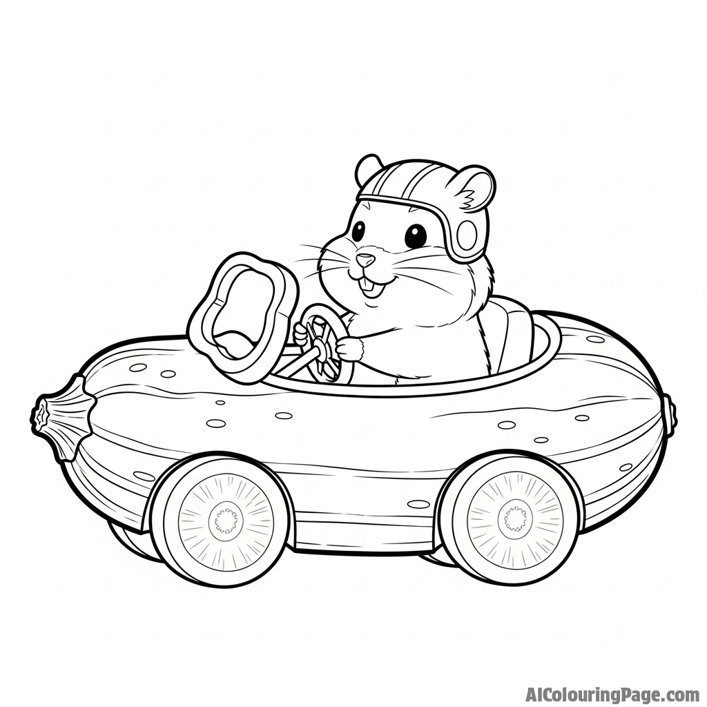 A whimsical illustration of a hamster driving a convertible car made from a vegetable