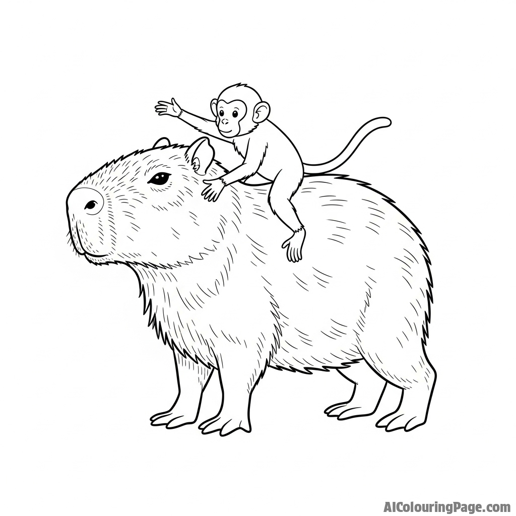 A capybara with a tiny monkey riding on its back like a jockey.