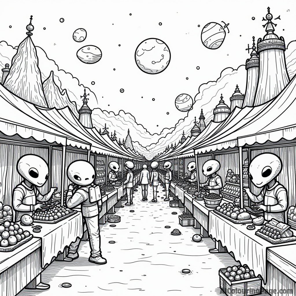 A colorful alien marketplace bustling with characters selling unusual space fruits and gadgets under a mesmerizing sky.