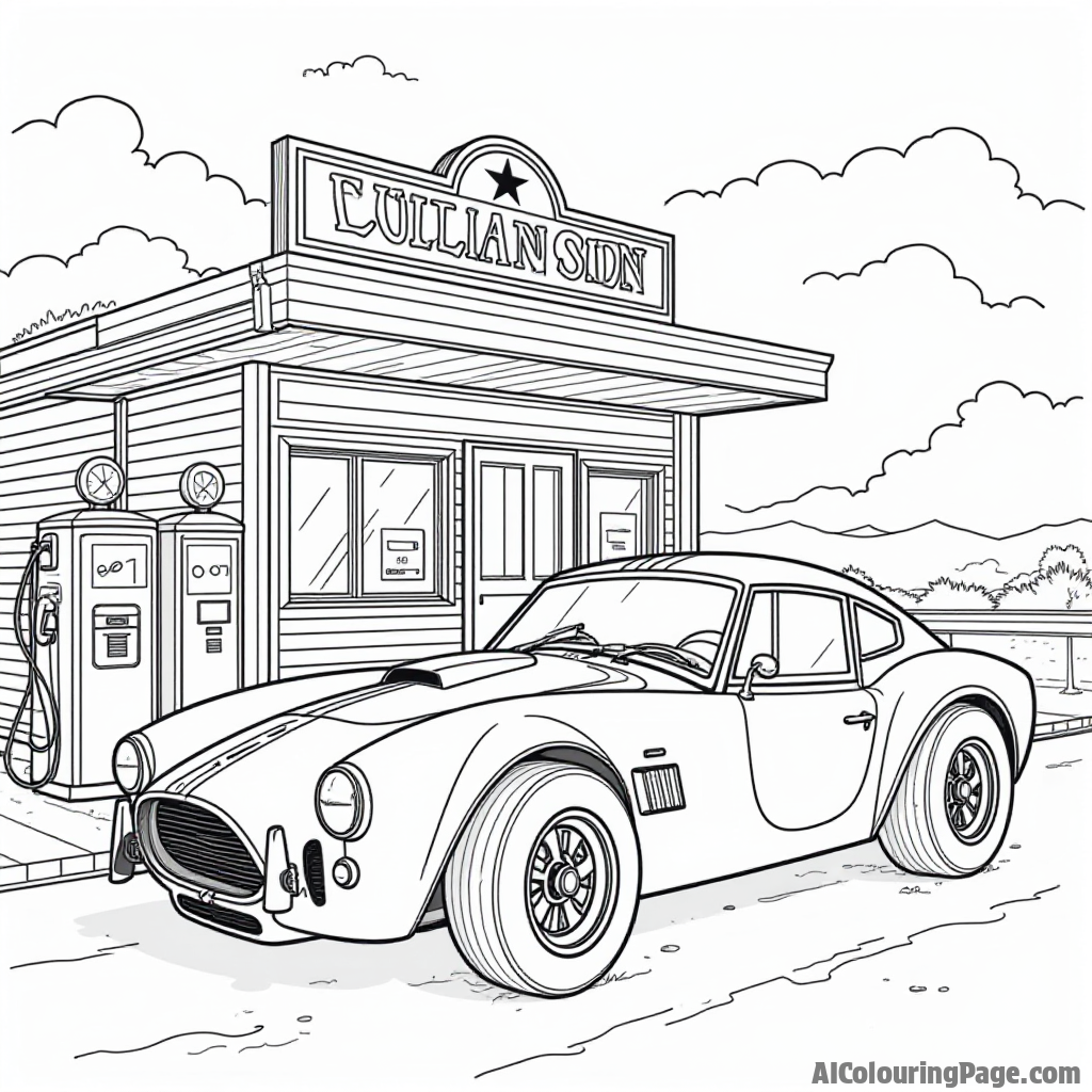 A classic race car parked next to a vintage gas station, with nostalgic signs and retro vibes, allowing kids to explore history while coloring their favorite vehicles.