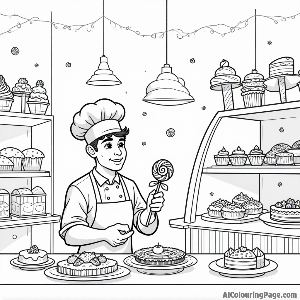 A busy bakery scene with a chef creating lollipop art, delicious pastries on display, and a welcoming atmosphere