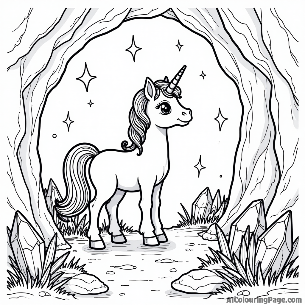 A pony exploring a magical cave filled with sparkling crystals and colorful gems shining in the glow.