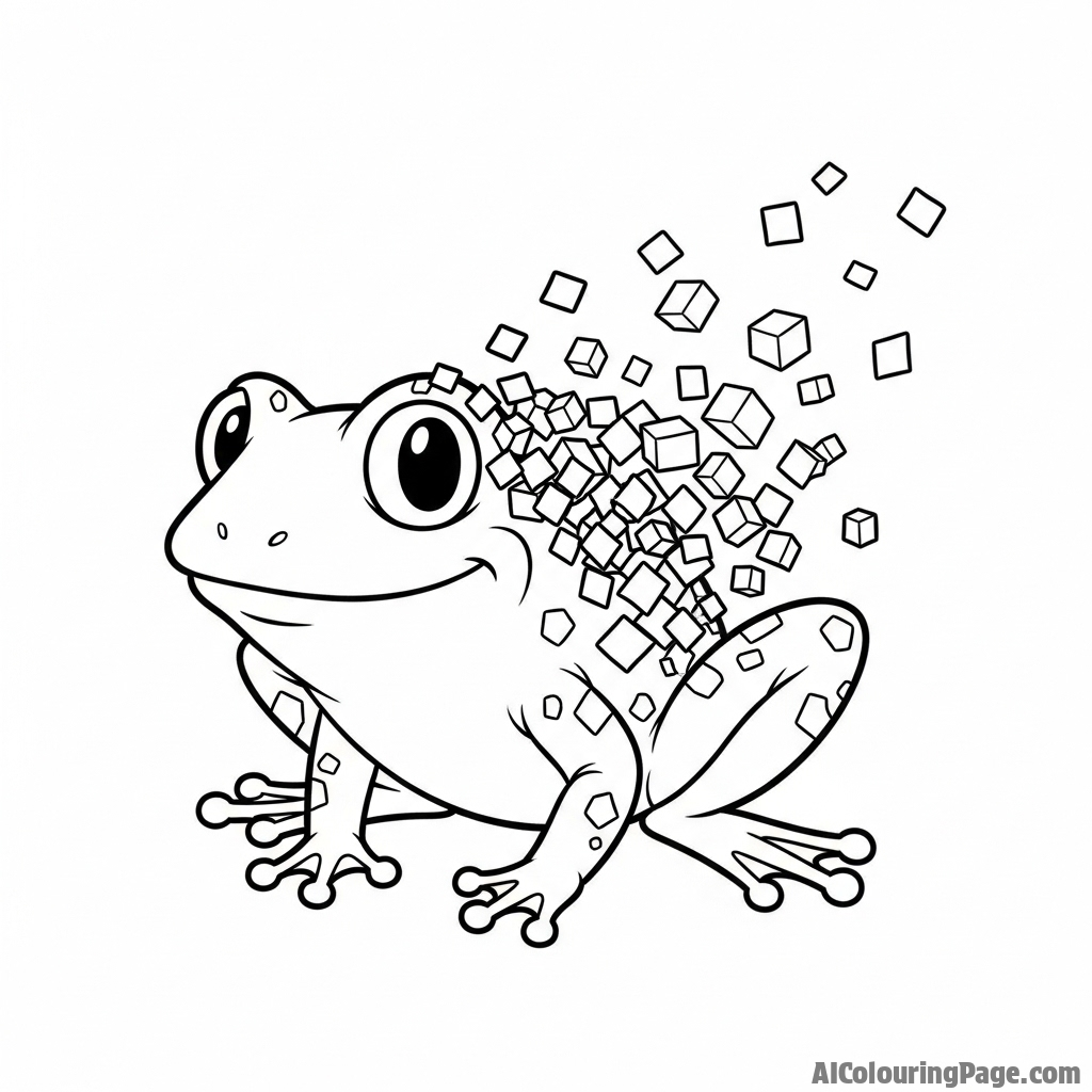 A digital art piece of a frog dissolving into pixels.