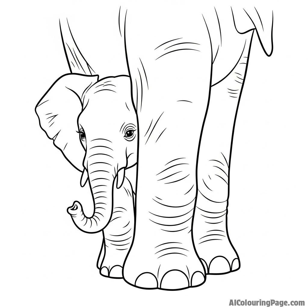 A baby elephant hiding shyly behind its mother's powerful leg.