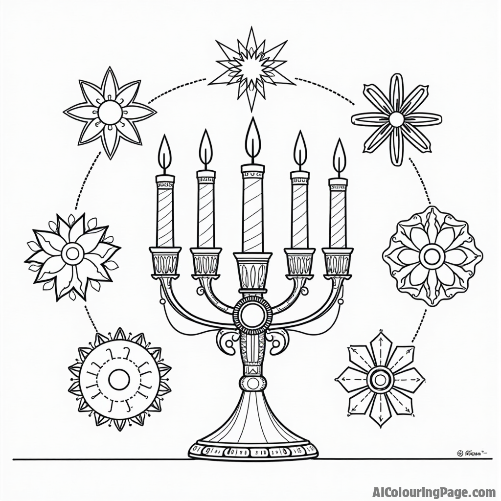 An artistic representation of the seven principles of Kwanzaa, each symbol illustrated with unique designs, encouraging children to learn while they color.