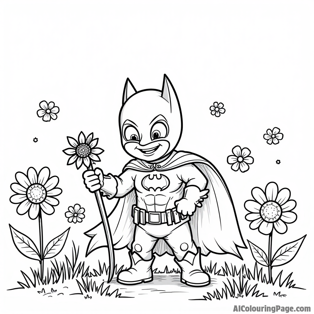 A whimsical scene of Batman gardening with colorful flowers while wearing his cape and mask, smiling happily.