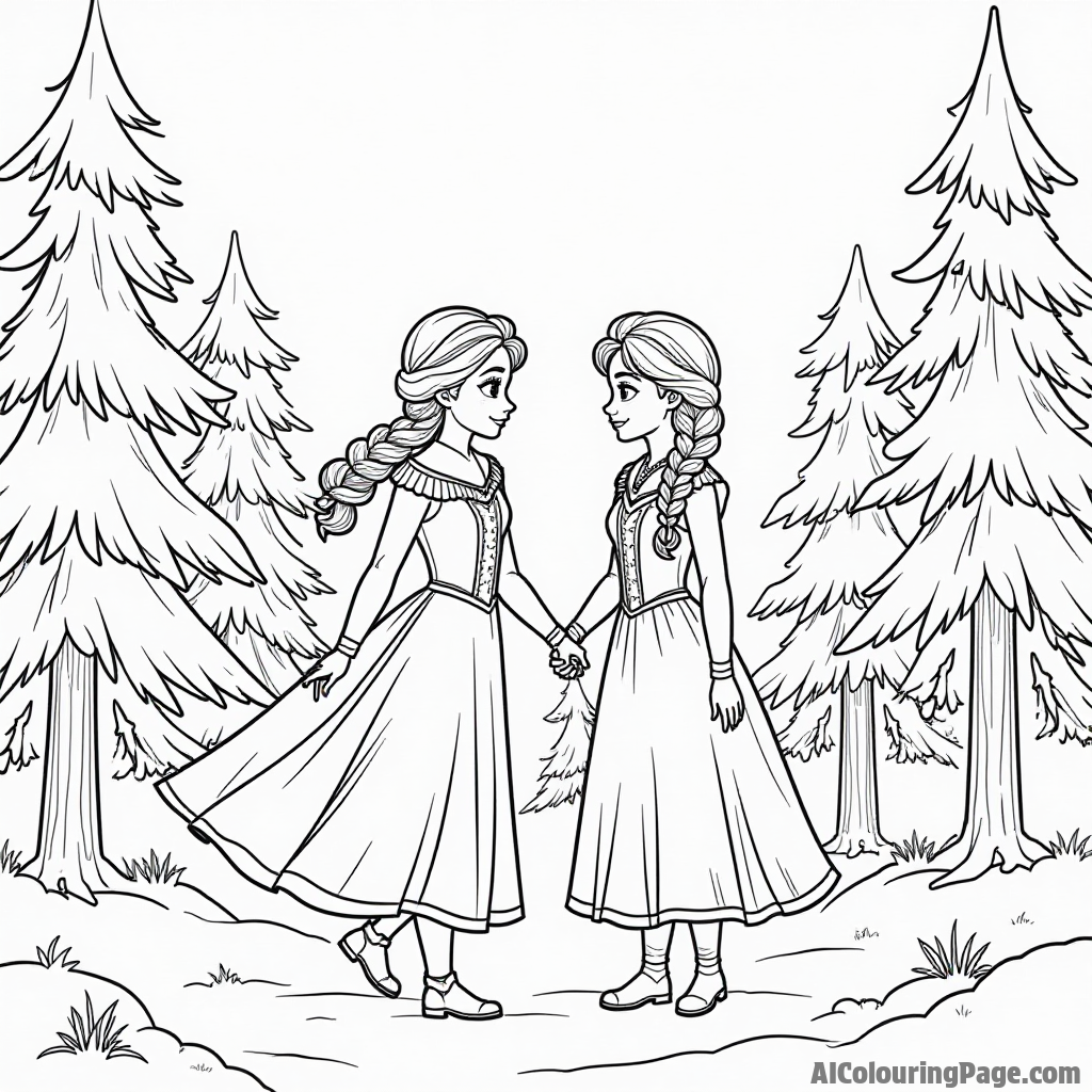 Elsa and Anna exploring a snowy forest with pine trees