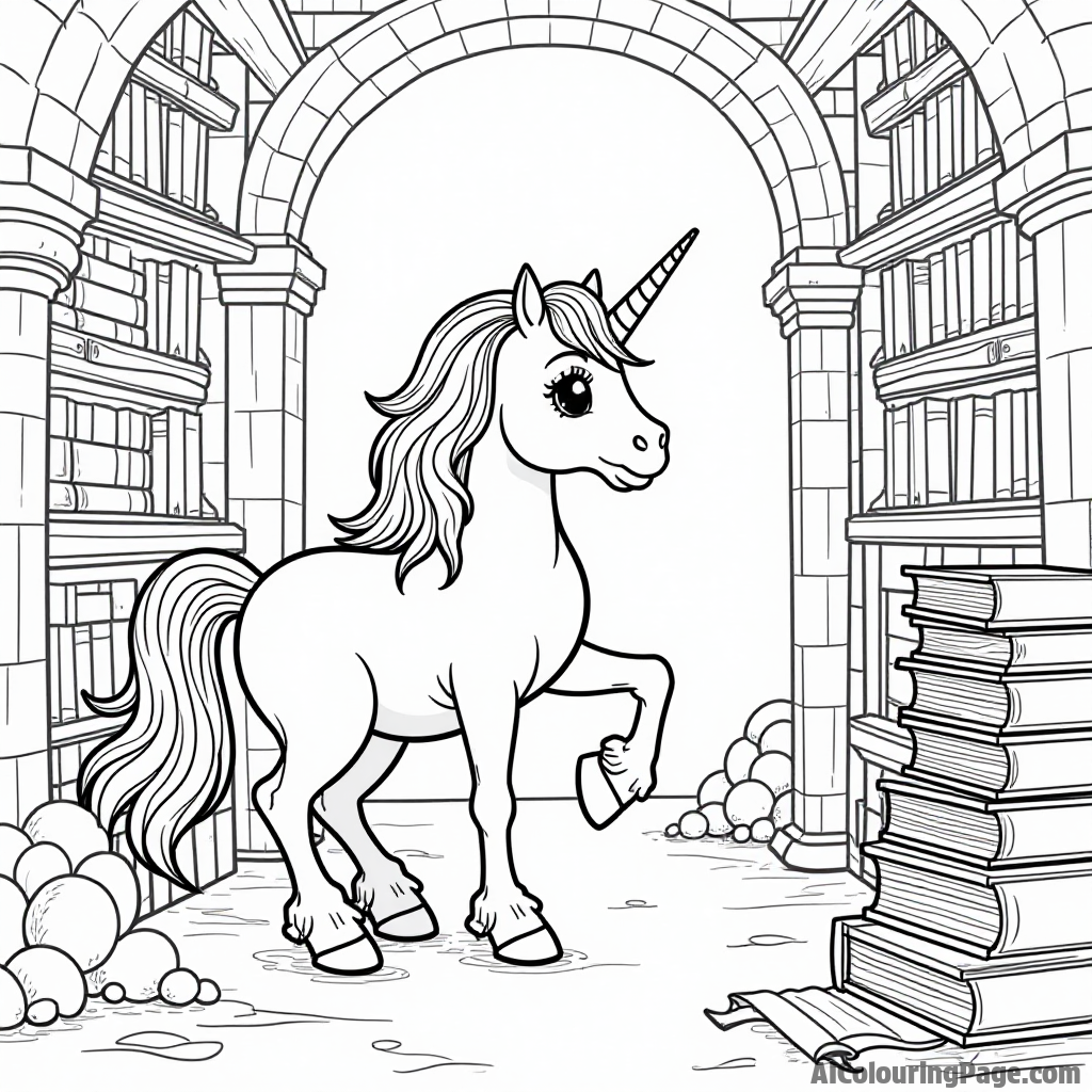 A unicorn exploring a magical library filled with ancient books and scrolls, inviting kids to color their own adventures.