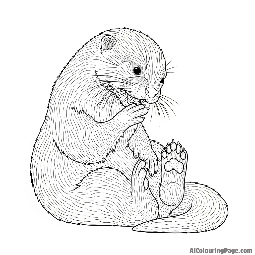 A highly detailed charcoal sketch of an otter meticulously grooming its fur.