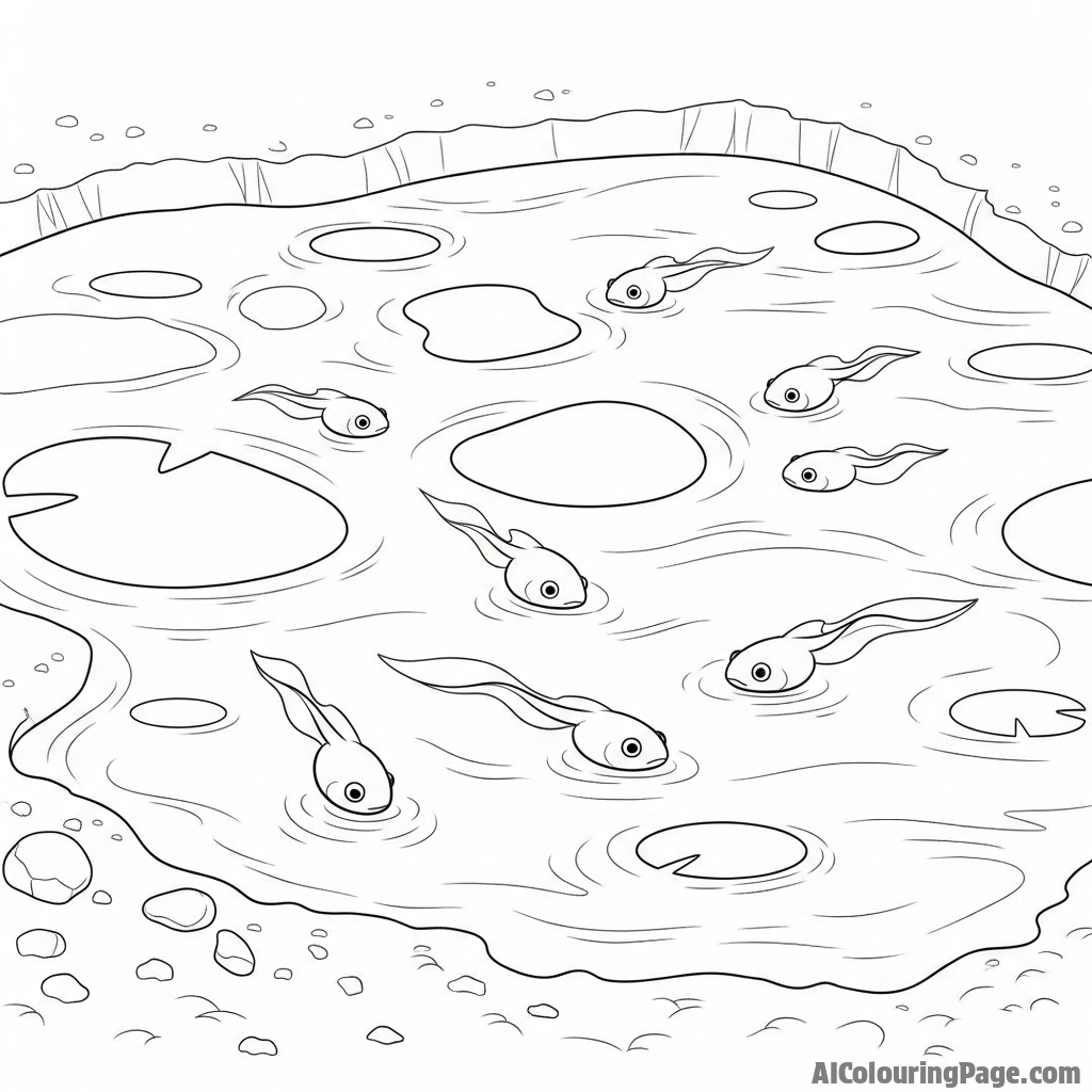 A group of tadpoles swimming in a sun-dappled puddle.