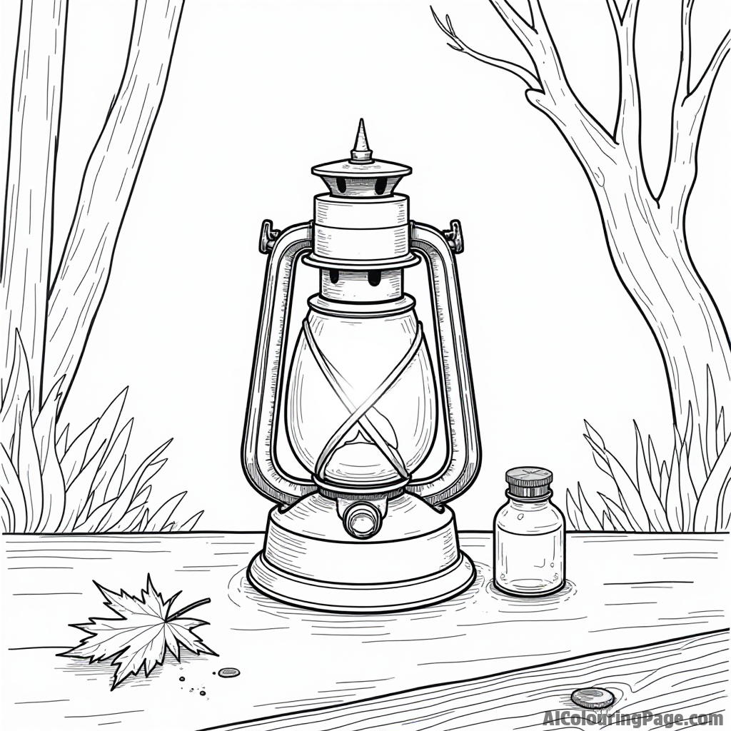 An enchanted lantern glowing softly on a table with a few scattered autumn leaves and a tiny potion bottle.