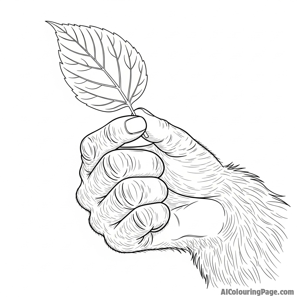 A detailed close-up of a chimpanzee's hand holding a delicate leaf.