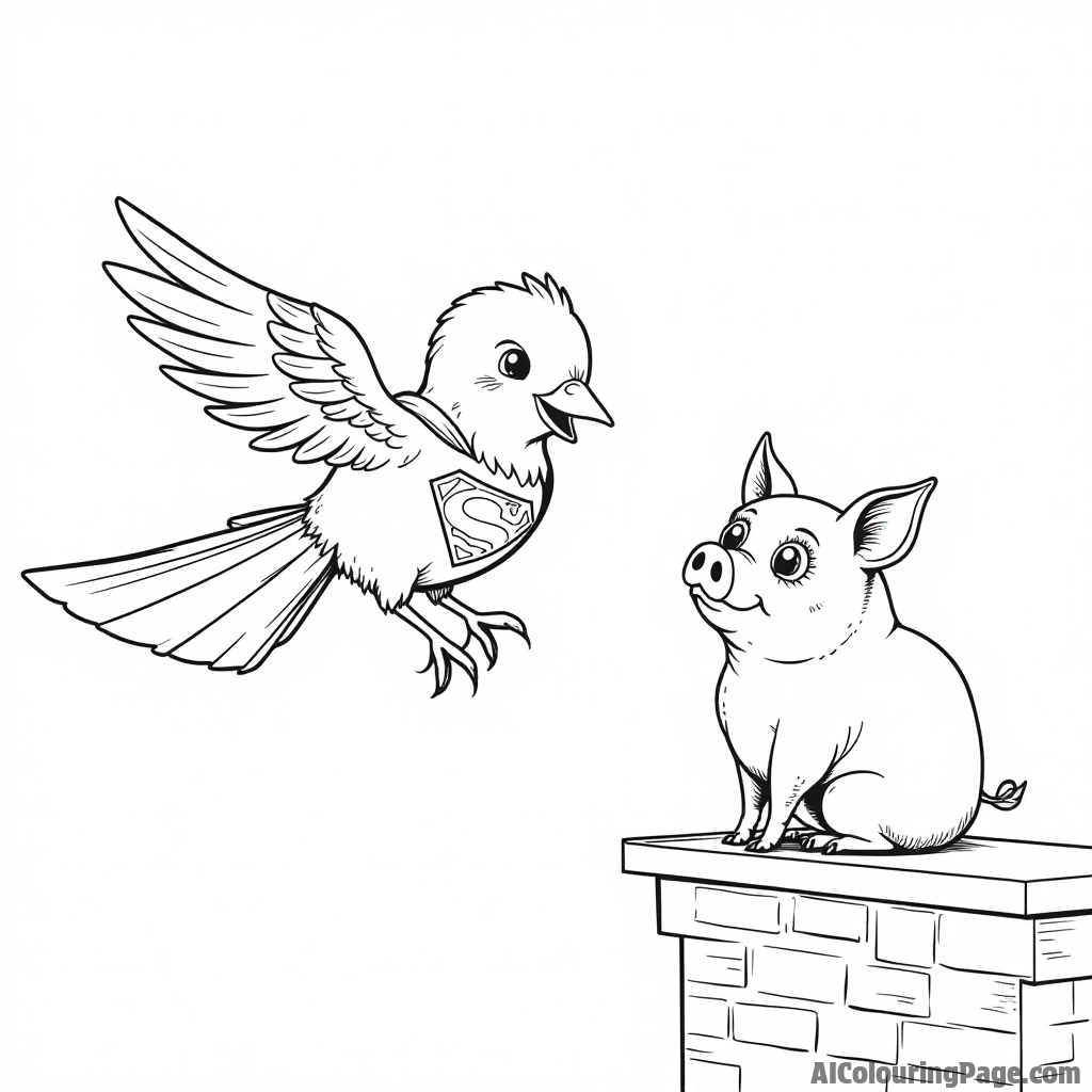 A bird dressed as a superhero flying through the clouds while a pig watches from a rooftop with wide eyes