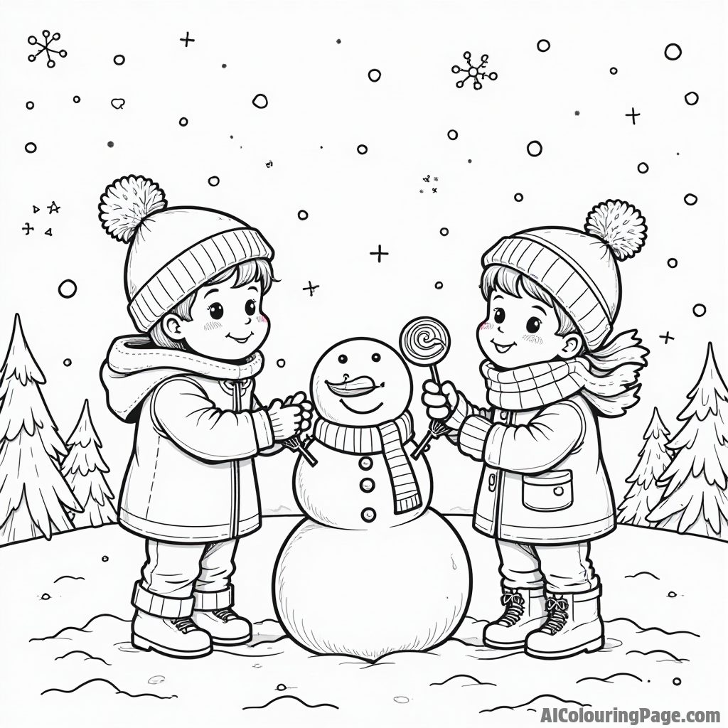 A delightful winter scene with snowflakes falling, children making snowmen, and holding lollipops while sipping hot cocoa nearby