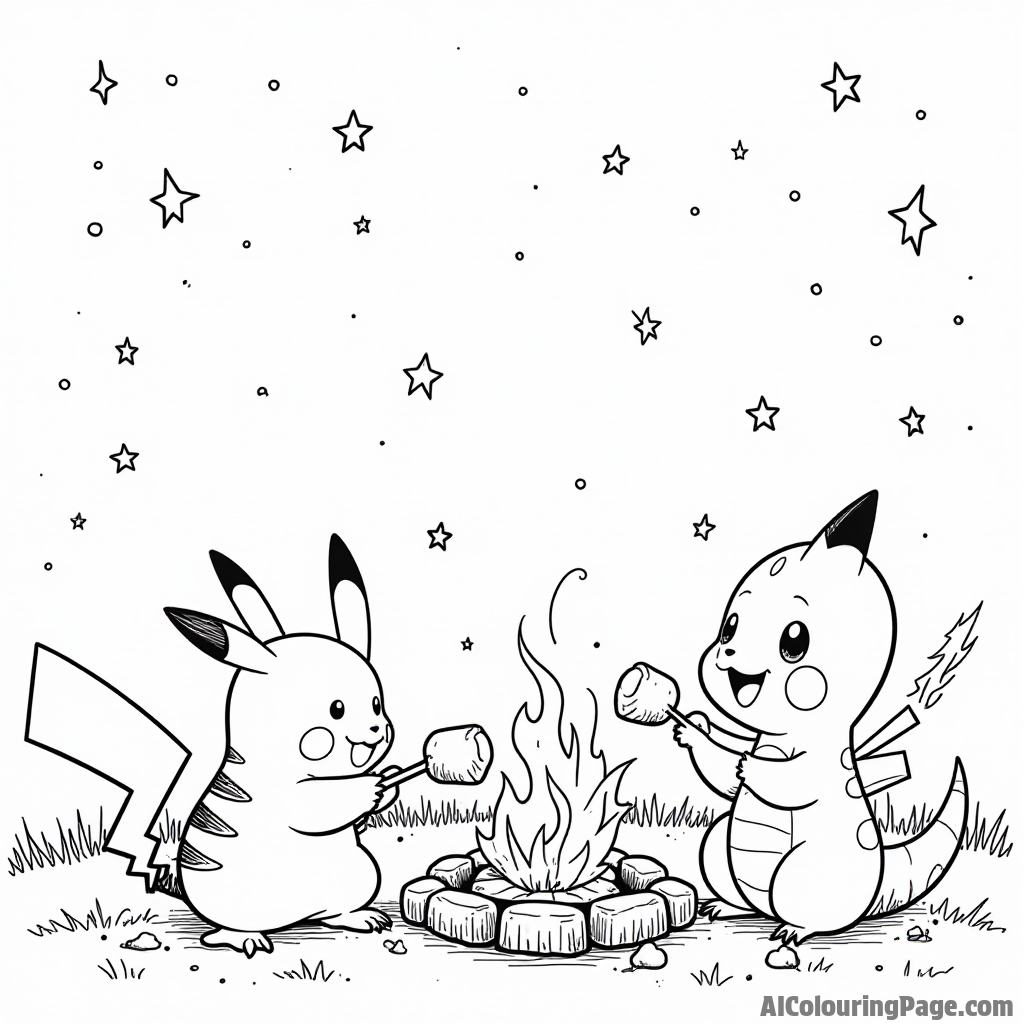 Pikachu and a friendly Charmander roasting marshmallows by a campfire under the stars