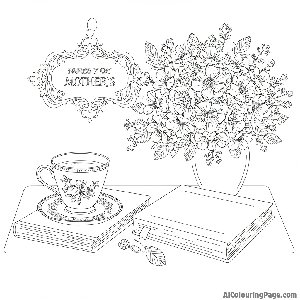 A still life of a teacup, a book, and a bouquet of flowers, symbolizing relaxation for Mother's Day.