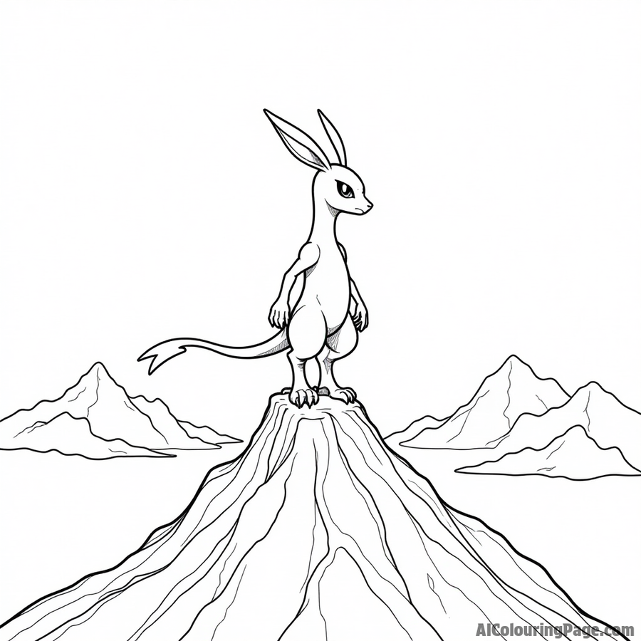 Mewtwo standing on a mountain peak