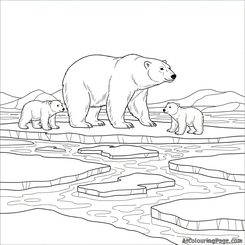 A polar bear family navigating a landscape of shifting sea ice.