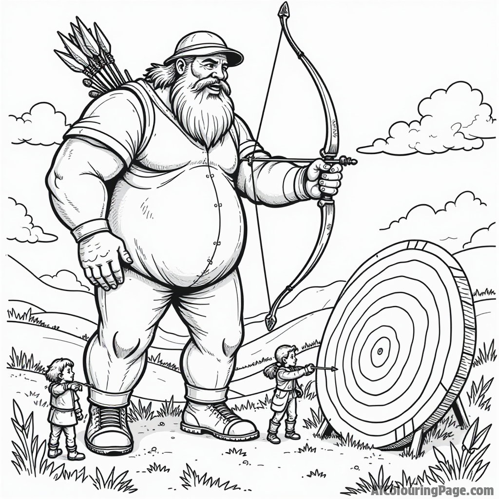 A friendly giant holding a massive bow, with tiny children trying to aim arrows at a giant target, set in a vibrant landscape full of hills and clouds for coloring fun.