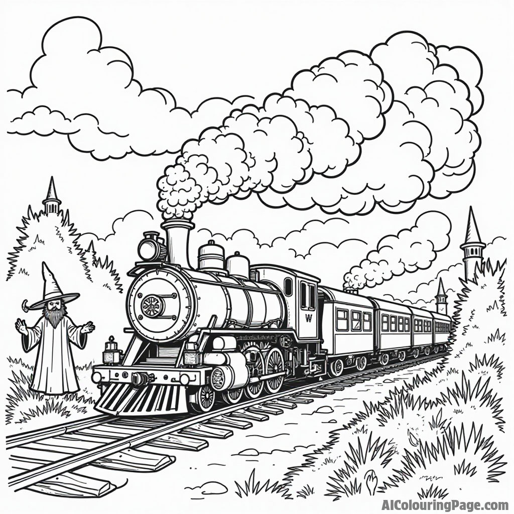 A magical train station with a steam engine puffing clouds of smoke, surrounded by magical creatures and wizards.