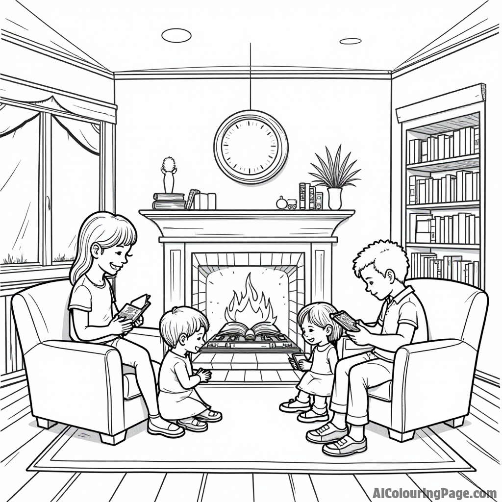 A cozy living room filled with books, musical instruments, and a warm fireplace where a family enjoys storytelling