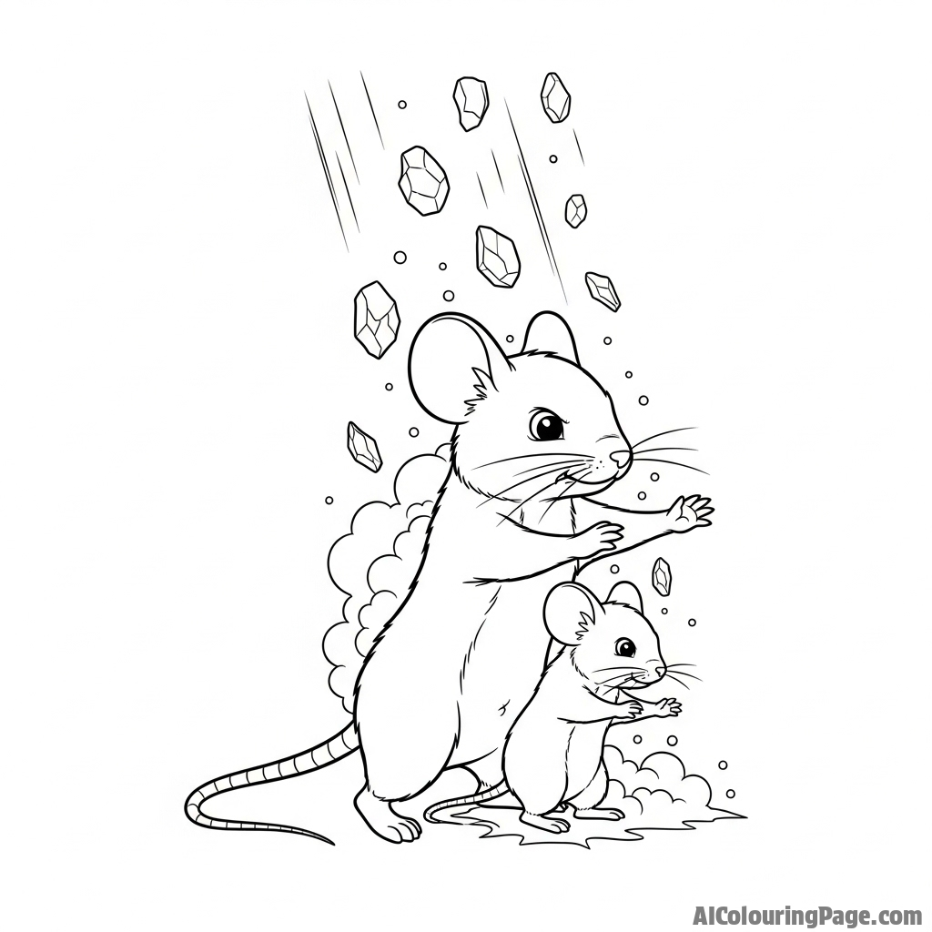 A mouse heroically shielding a smaller mouse from falling dust and debris.