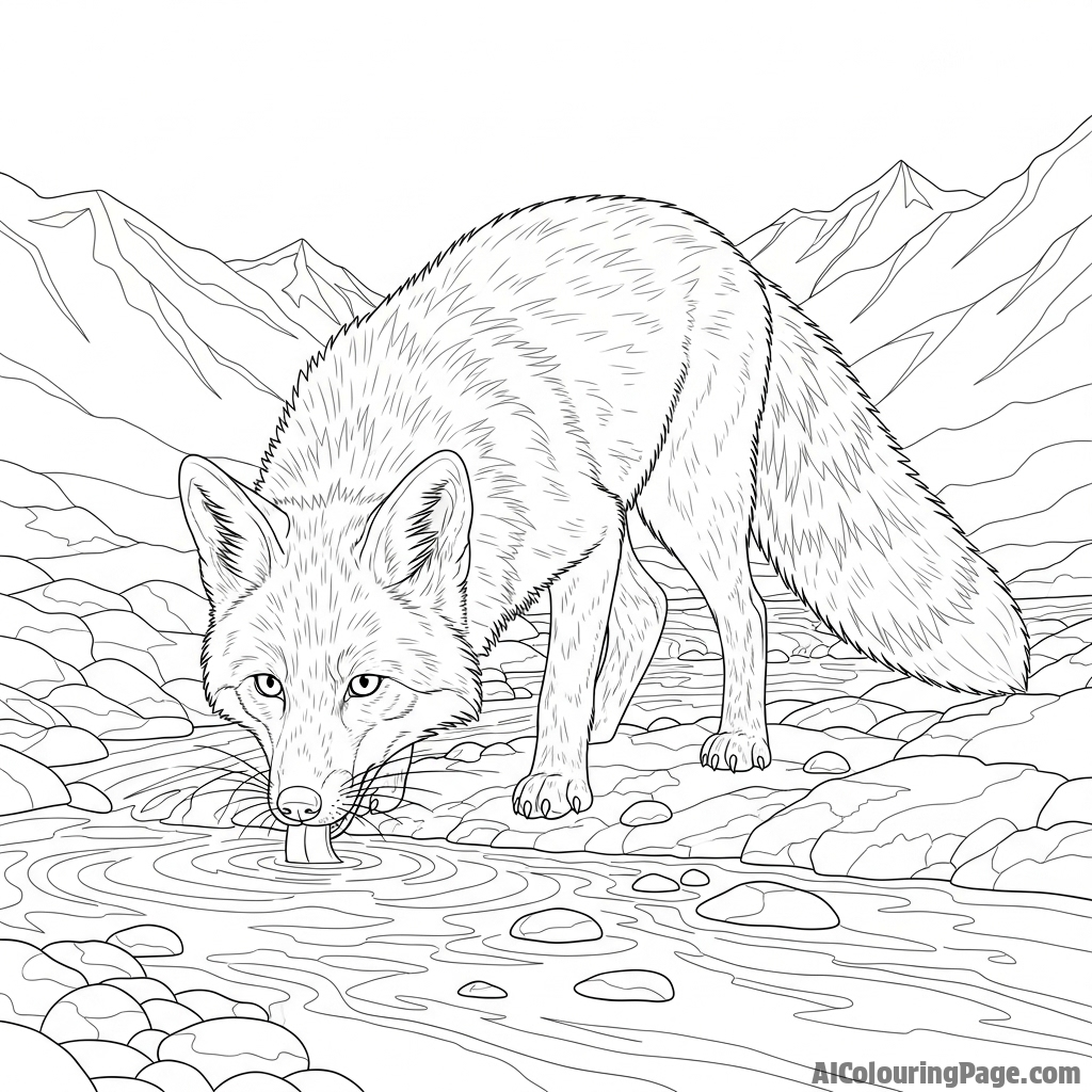 A fox drinking from a crystal-clear, fast-flowing mountain stream.