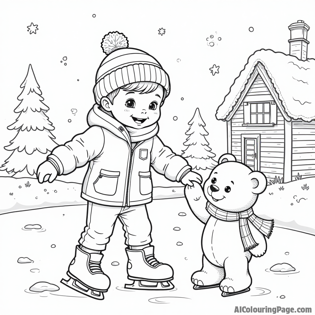 A little boy ice skating with his teddy bear, capturing the joy of winter activities, surrounded by snowflakes and a cozy winter cabin, perfect for children to color and cherish.