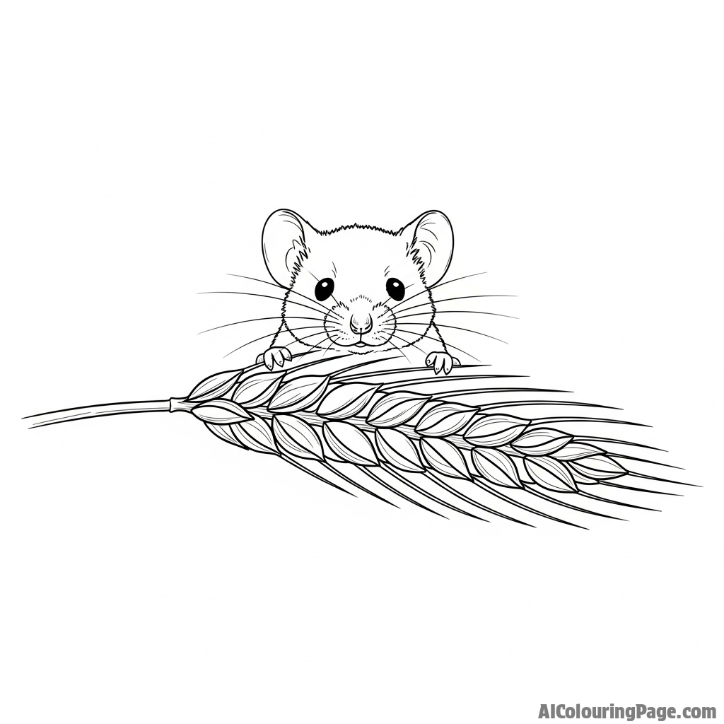 A tiny field mouse peeking out from a stalk of wheat
