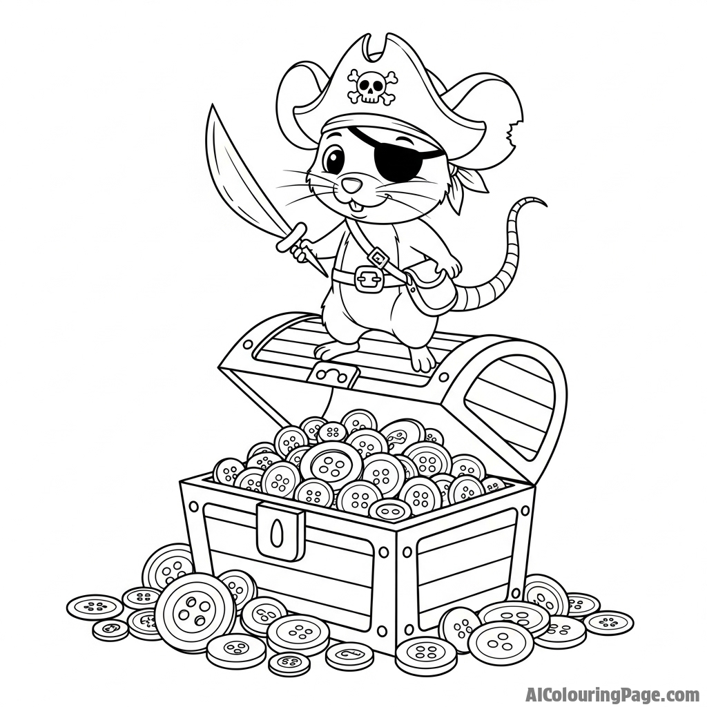 A pirate mouse with a tiny eyepatch and a toothpick cutlass, standing on a treasure chest of buttons.