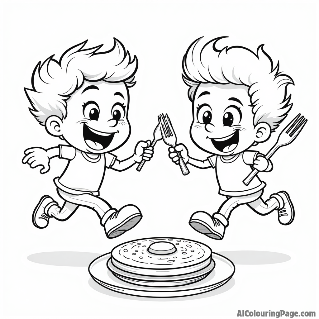 A fun pancake race between two cartoon characters, one with a pancake on a plate, the other with a fork