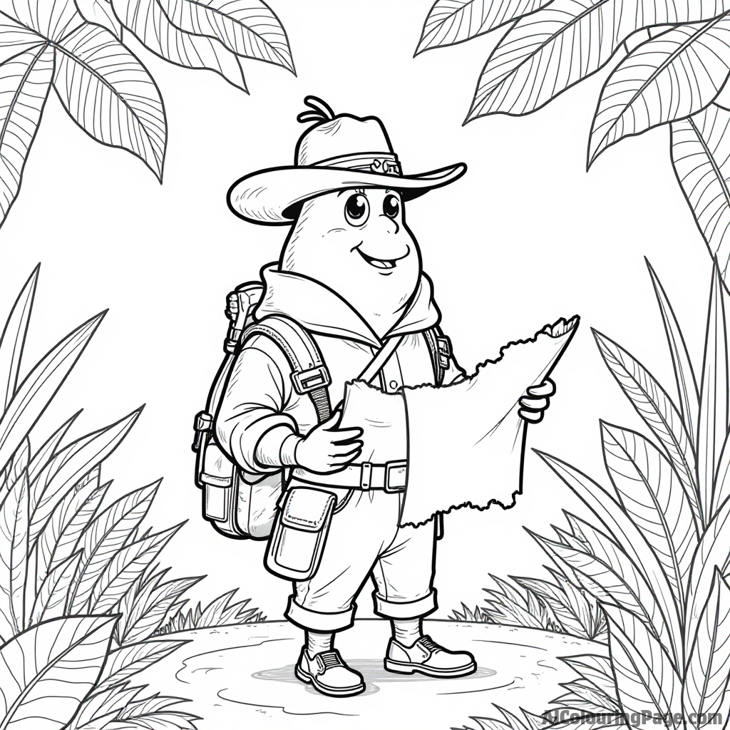 A pear explorer with a map and compass, standing in a jungle filled with exotic plants and animals for coloring fun.