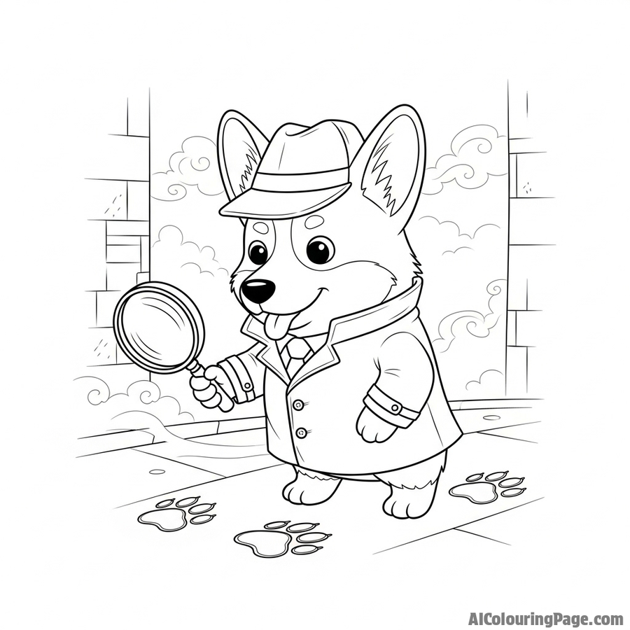 A corgi detective in a trench coat, examining paw prints with a magnifying glass in a foggy alley.