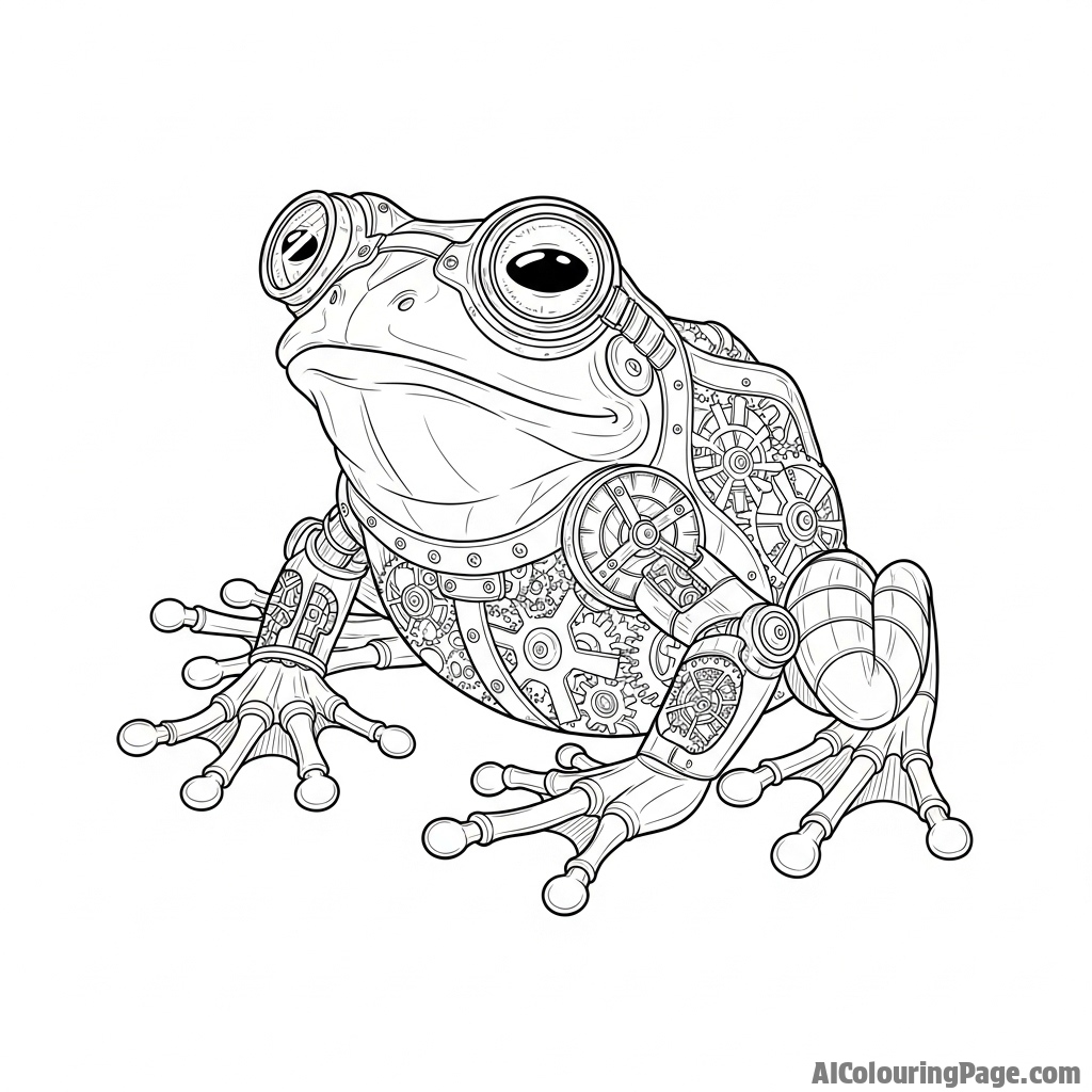 A steampunk frog with brass gears and clockwork limbs.