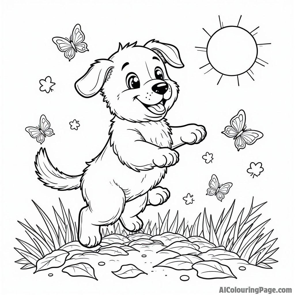 A playful dog jumping through a pile of leaves, with butterflies fluttering around and a bright sun in the sky.