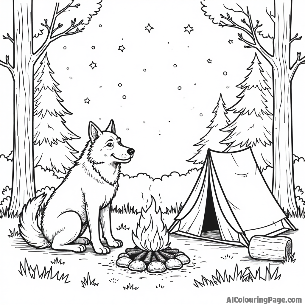 A werewolf camping in the woods with a tent, campfire, and marshmallows roasting under a starry sky.