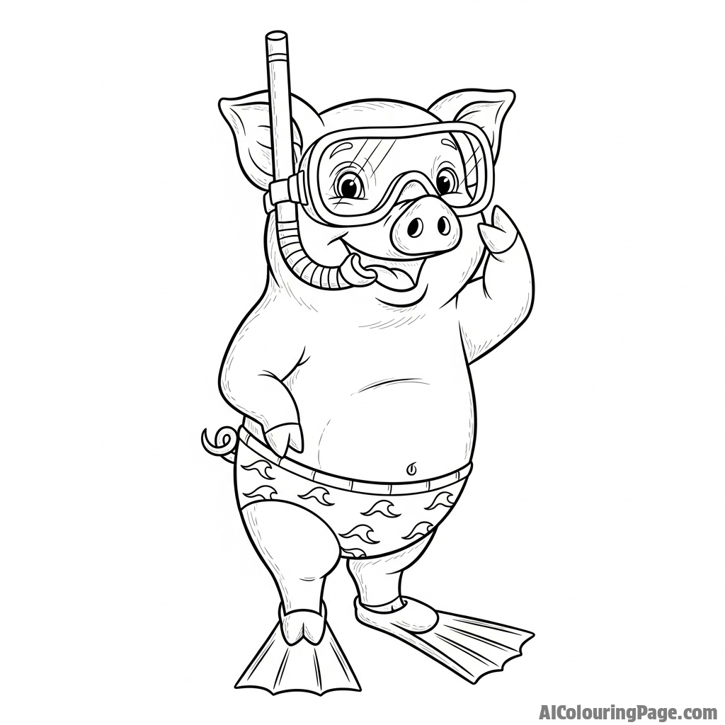 A pig wearing a snorkel and fins, ready for an underwater adventure.