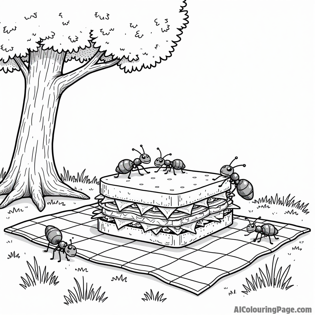 A playful picnic scene with ants stealing bites from a giant sandwich on a checkered blanket under a tree.