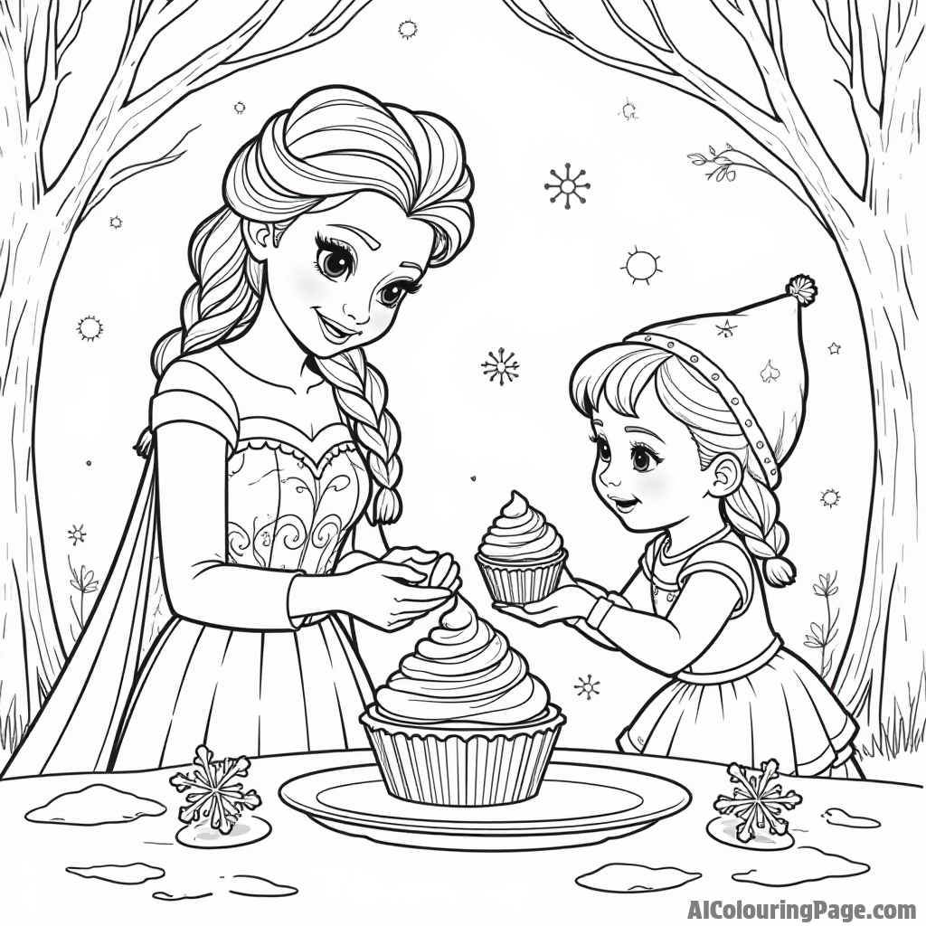 Elsa and her friends making snow cupcakes in the snow