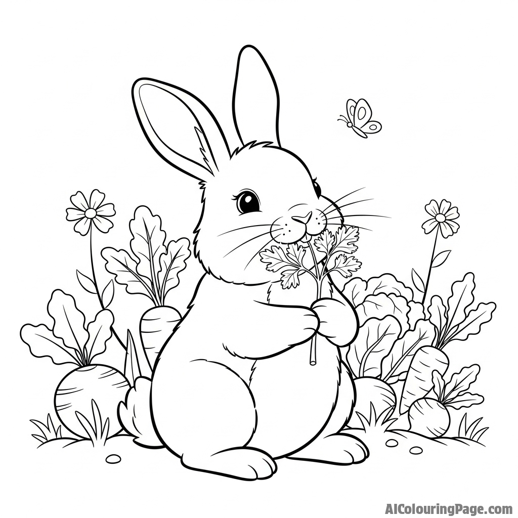A rabbit nibbling on a sprig of parsley in a vegetable garden.