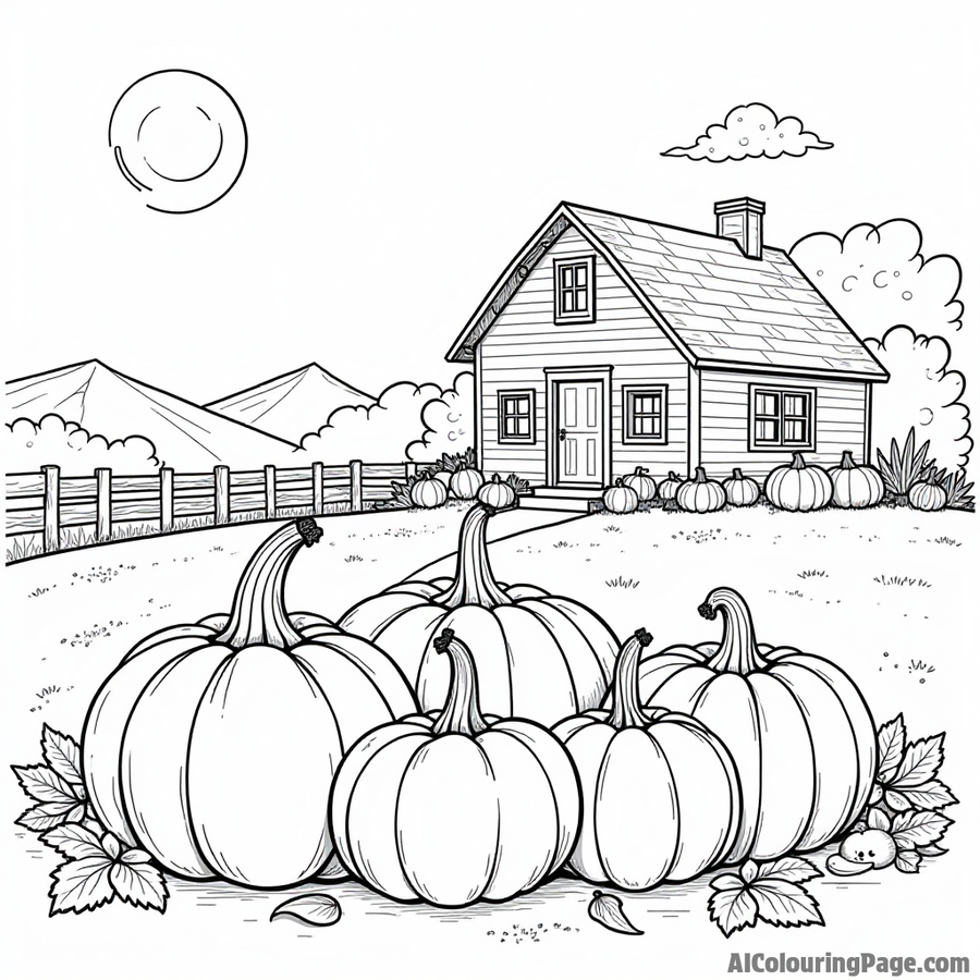 A pile of pumpkins in front of a farmhouse