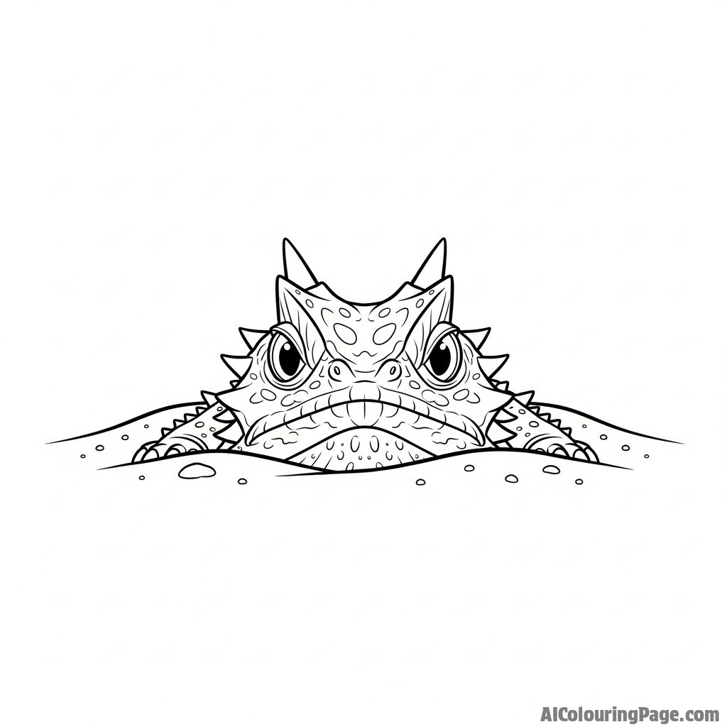 A horned lizard half-buried in sand, only its head and eyes visible.